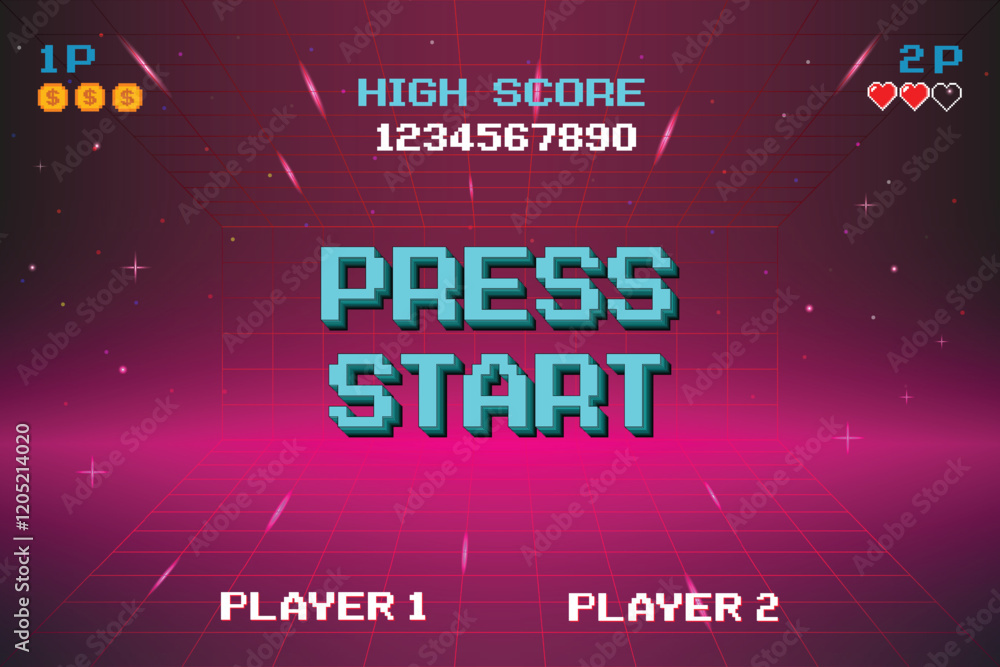 Wall mural press start. insert a coin to continue. pixel art .8 bit game. retro futurism sci-fi background. glo