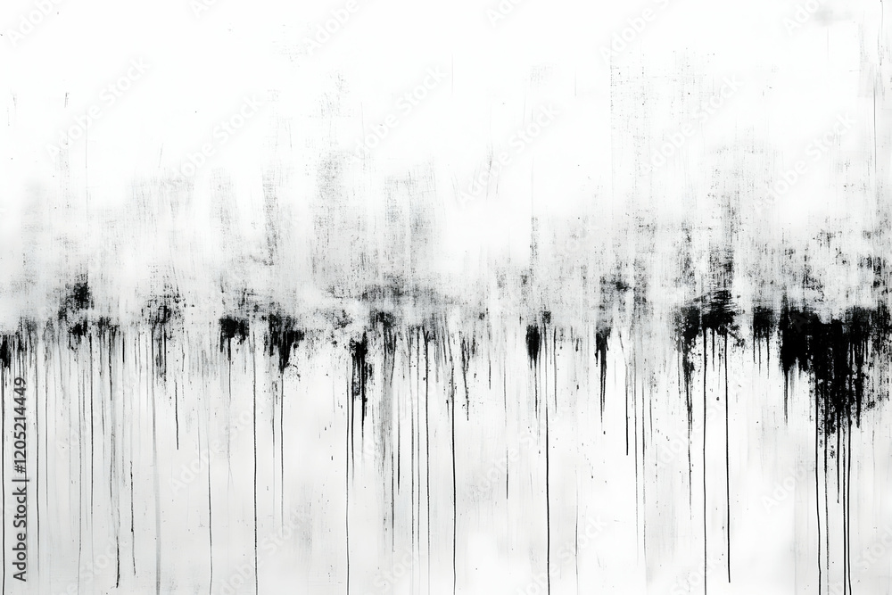 Poster black ink drips and splatters on a white textured background creating an abstract design.