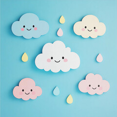 A colorful collection of clouds with smiling faces and raindrops