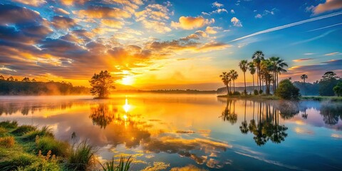 Obraz premium Serene Mist Lake, Deltona, Florida: Sunrise Reflections on Calm Water
