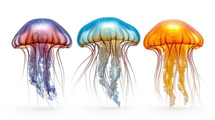 Vibrant Jellyfish Trio in Bright Colors with Long Tentacles