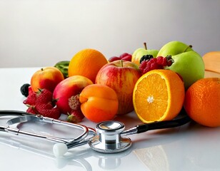 Früchte und Stethoskop – Verbindung von Ernährung und Gesundheit
