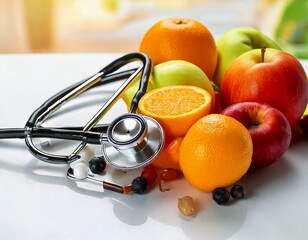 Früchte und Stethoskop – Verbindung von Ernährung und Gesundheit