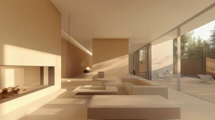 A minimalist living room with an elegant linear fireplace, modern furniture, and subtle pops of color. The clean design exudes warmth and sophistication