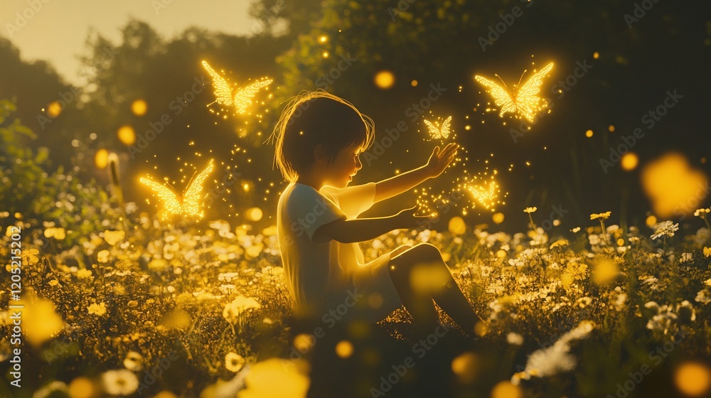 Poster A child playing in a field of flowers with glowing energy particles dancing around them symbolizing innocence and vitality.
