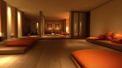 Fototapeta premium A minimalist yet luxurious living room with brown wood flooring, orange cushions, and sleek, low-profile furniture. Soft lighting adds depth