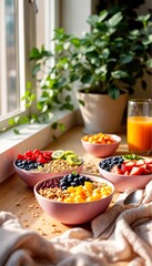Vibrant smoothie bowls topped with fresh fruit, accompanied by a glass of orange juice in a cozy kitchen setting