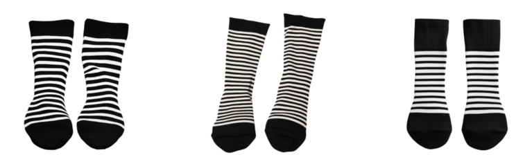 Set of Black and white striped socks isolated on transparent background