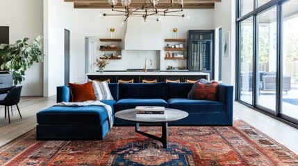 A modern living room with a luxurious velvet sofa, layered rugs, and a statement chandelier. The space exudes both comfort and sophistication