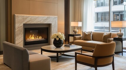 Fototapeta premium A modern living room with a marble-framed fireplace, comfortable seating, and clean lines. Subtle decor creates an inviting yet stylish atmosphere