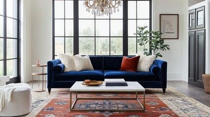 A modern living room with a luxurious velvet sofa, layered rugs, and a statement chandelier. The space exudes both comfort and sophistication