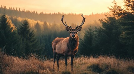 Majestic deer standing in a meadow at sunset, surrounded by trees.