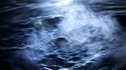 Swimmer Emerges from Misty Water with Moonlit Reflections Gracefully at Night