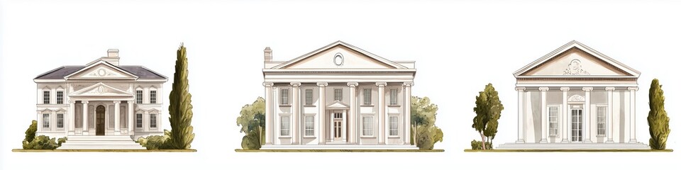 Obraz premium A collection of three elegant architectural designs of Greek Revival houses style, showcasing classical styles with columns, pediments, and decorative elements. Each house features distinct.