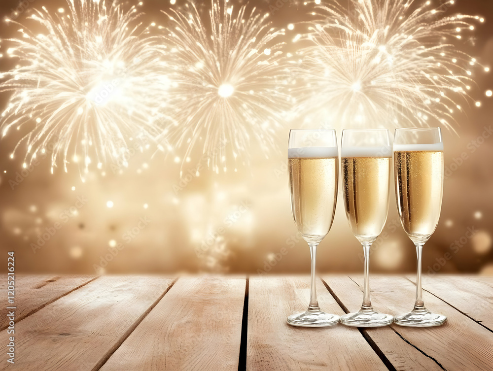 Poster three champagne flutes stand on a wooden table with fireworks displaying in the background