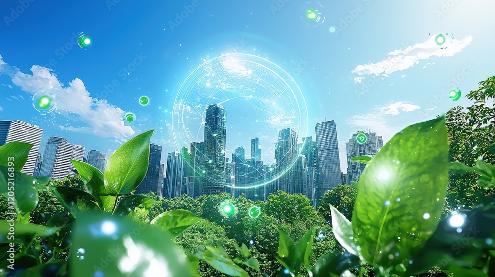 Poster a conceptual image of a network of sensors in a smart city, capturing environmental data and transmi
