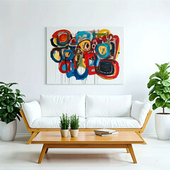 Abstract Art, White Sofa, Mid-Century Modern Living Room, Wood Coffee Table, Plants, Minimalist Decor, Wall Art, Interior Design, Home Decor, Modern Art