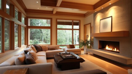 Fototapeta premium A serene modern living room with an elegant fireplace, soft lighting, and a cozy sectional. Warm wood finishes add depth to the comfortable atmosphere