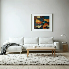 Modern Living Room, White Sectional Sofa, Wood Coffee Table, Abstract Art, Rug, Minimalist Decor, Interior Design, Home Decor, Cozy Living Space, Scandinavian Style