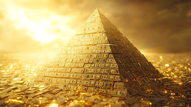 A pyramid composed of shimmering gold bars and neatly arranged cash, radiating wealth and success