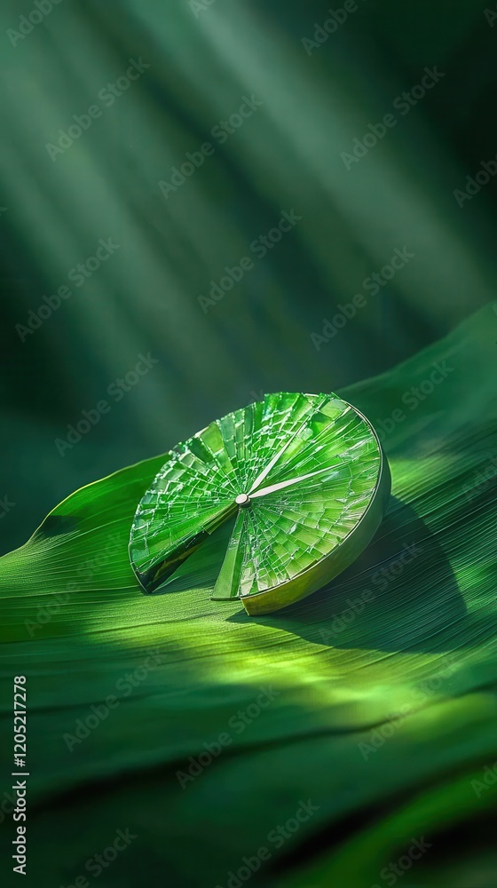 Poster Surreal broken clock in nature soft light concept low angle viewpoint time exploration copy space