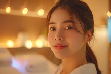 A serene portrait of a young woman with soft lighting and a warm smile.