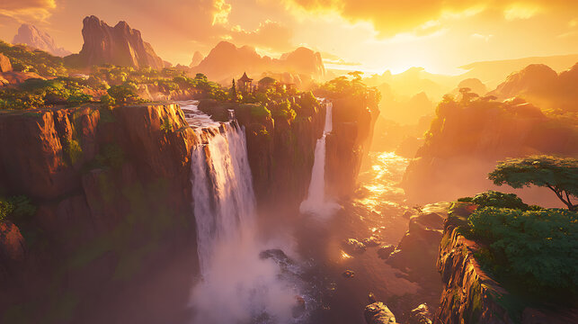 sunrise in the mountains with waterfall