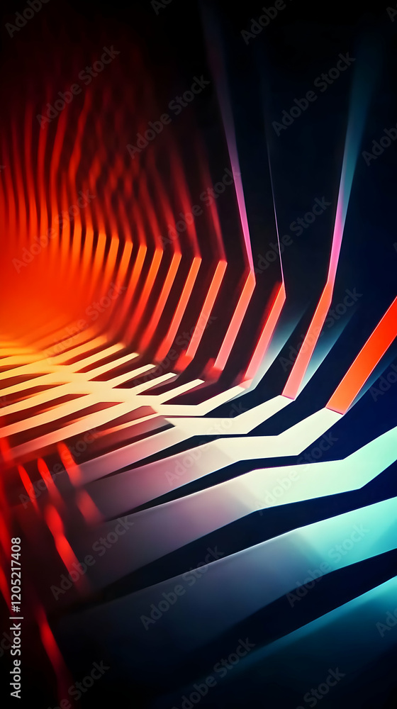 Poster 3D Abstract Background Creates a Futuristic Tunnel with Vibrant Red and Blue Lights Dynamically