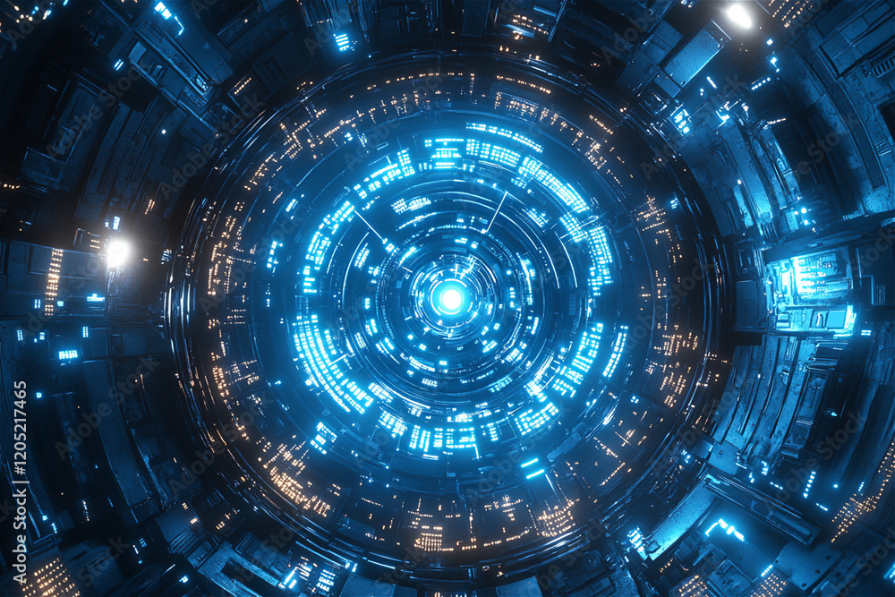 Poster futuristic glowing blue circular interface resembling a digital portal or sci-fi energy core, with i