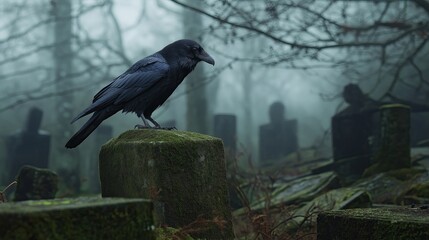 Fototapeta premium Lone raven on the mossy tombstone.