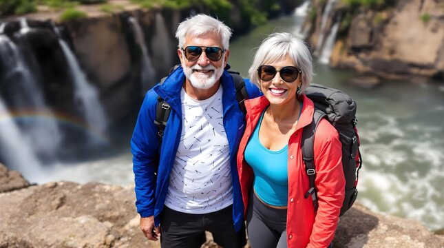 Elderly Travelers Exploring Devil&rsquo;s Pool at Victoria Falls, Zambia, Iconic Waterfall Destination (Travel) (Aging)