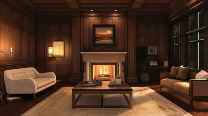 A sophisticated living room with an elegant fireplace, mid-century modern furniture, and warm wood tones. Stylish decor creates a welcoming environment