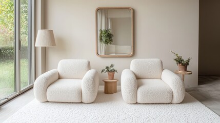 Serene minimal space with beige tones, light wood, tube armchairs, wall mirror, natural light.
