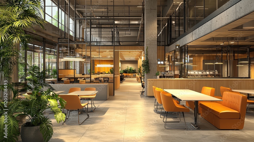 Poster A flexible office layout with ergonomic desks and open spaces, allowing employees to work wherever they feel most productive, showcasing a dynamic work environment.