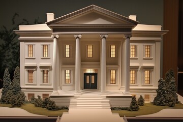 Obraz premium A Greek Revival house style detailed architectural model of a classic white mansion with columns, illuminated windows, and landscaped surroundings. The model features a symmetrical design.