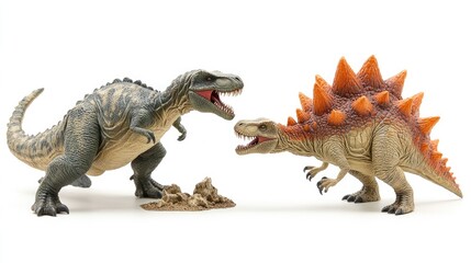 Obraz premium Two dinosaur figurines facing each other, depicting a playful prehistoric scene.