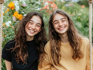 Fototapeta premium Two Young Women Smiling Happily Together in a Colorful Flower Garden on a Swing
