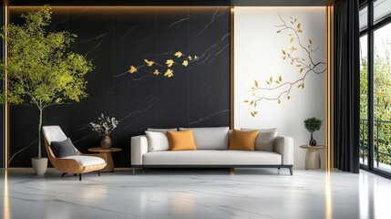 A grand living room adorned with luxury wall coverings in deep, elegant tones, adding warmth and opulence to the modern, spacious interior