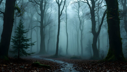 Obraz premium Misty Forest Path Autumn Scene Nature Photography