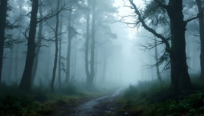 Naklejka premium Misty Forest Path Landscape Photo Nature Scene