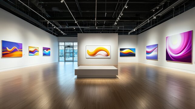 A lively and bold art gallery featuring vibrant paintings, energetic brushstrokes, and contrasting colors, setting a dramatic and captivating tone for the space