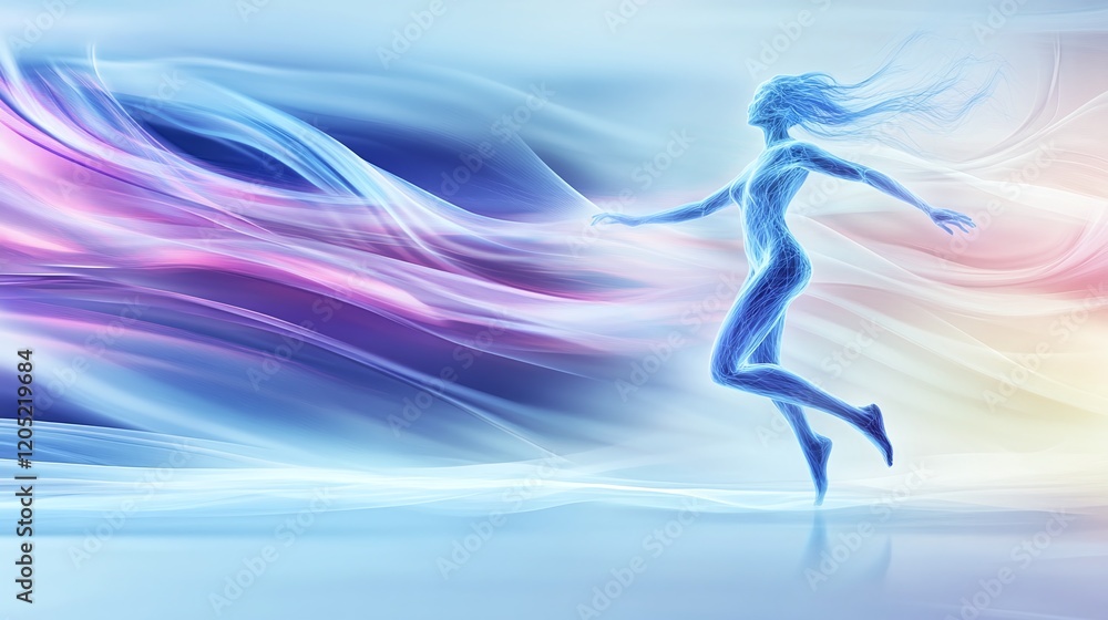 Poster a dynamic human figure in motion leaving behind luminous trails of energy in a gradient background o