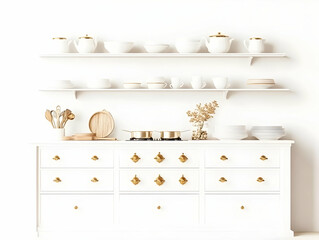 White Kitchen Cabinet with Gold Accents Features a Modern and Minimalist Design Aesthetic.