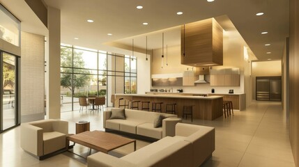 An open-concept living area with minimalist furniture, clean lines, and a seamless connection to a modern kitchen. Neutral colors create a calming, spacious feel
