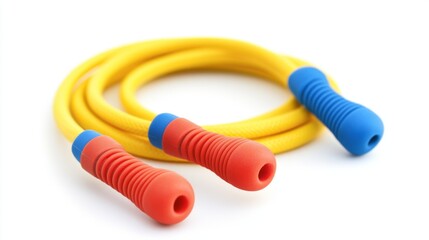Colorful jump rope designed for fitness and fun. Perfect for kids and adults alike. Ideal for improving coordination and stamina. Generative AI