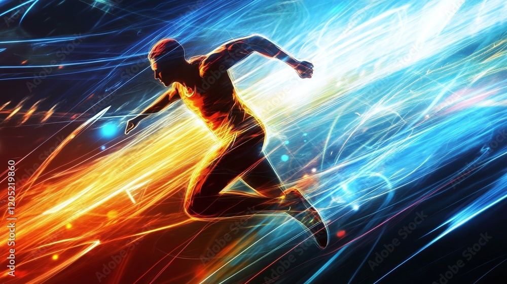 Poster a dynamic image of a runner with trails of light energy illustrating speed vitality and determinatio