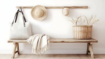 Cozy Entryway Decor with Wooden Bench, Hats, Bag, Blanket, and Basket of Dried Plants
