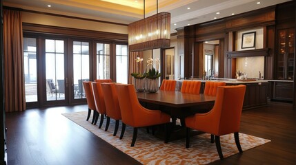 Elegant interior design featuring rich brown wooden furniture, orange accents, and a statement light fixture. A perfect blend of warmth and style