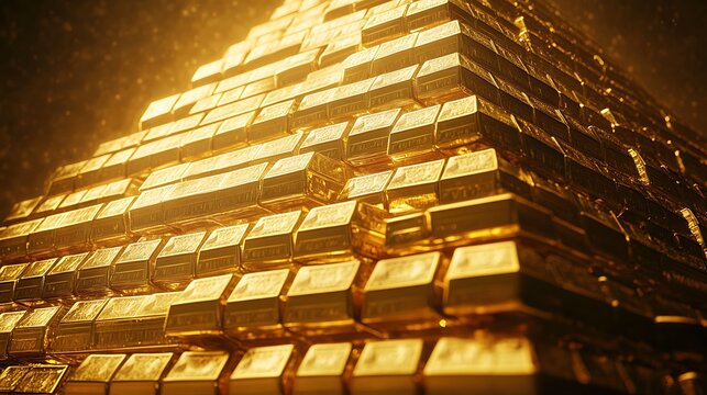 A pyramid made from stacked gold bars and cash, with a background designed to emphasize its grandeur