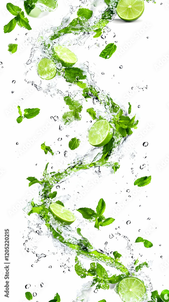 Aufkleber fresh lime slices and mint leaves splash dynamically in refreshing water with bubbles